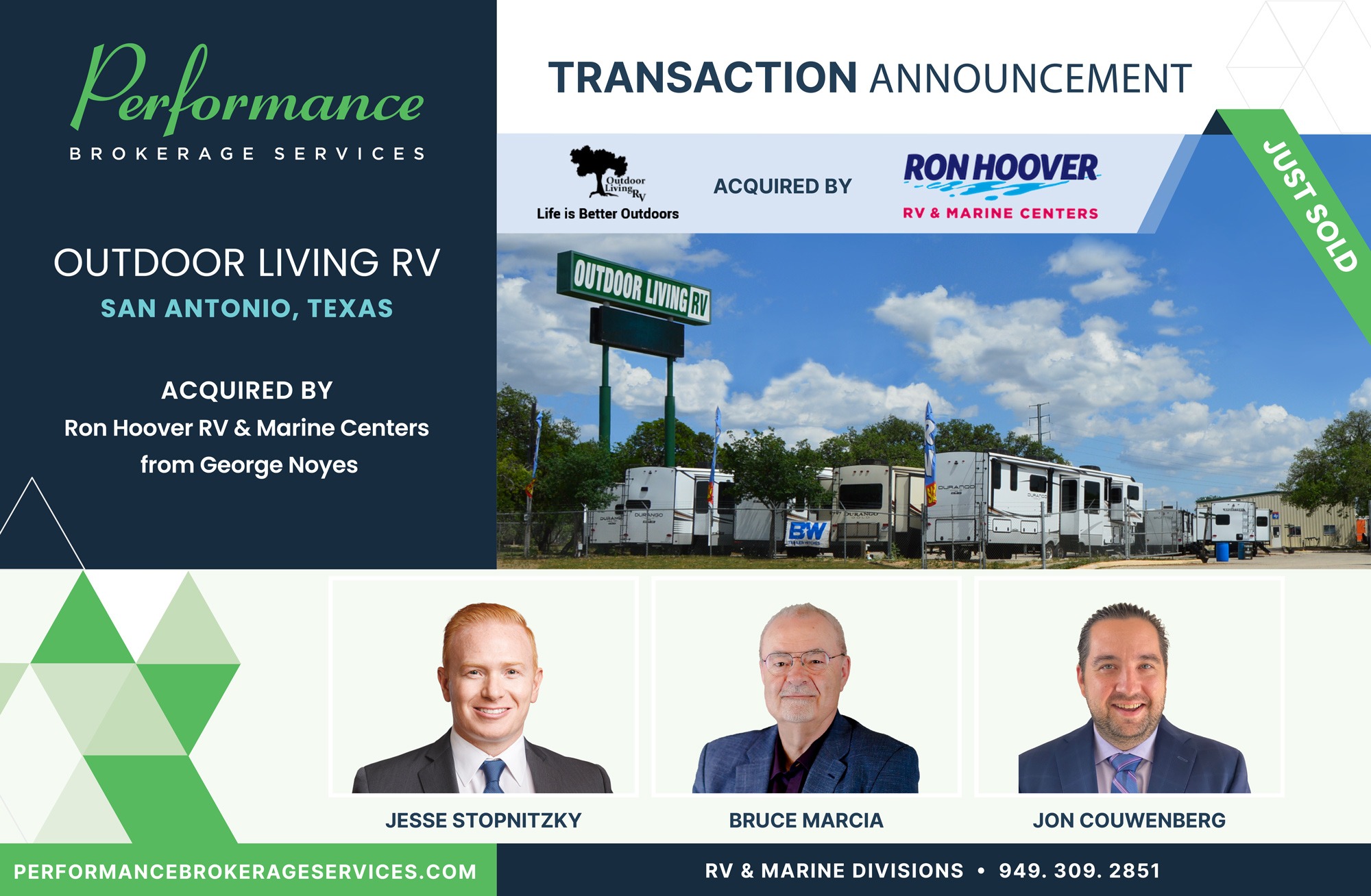 Outdoor Living RV sells to Ron Hoover RV & Marine Centers with Performance Brokerage