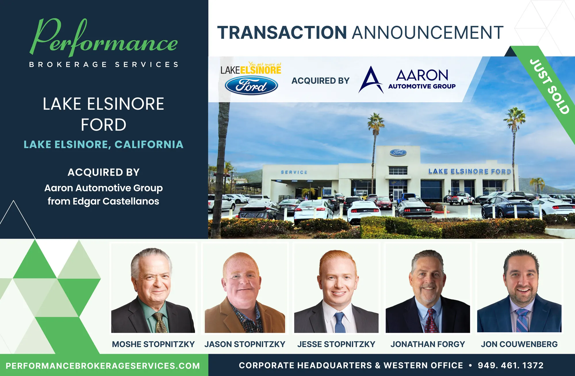 Lake Elsinore Ford sells to Aaron Automotive Group with Performance Brokerage