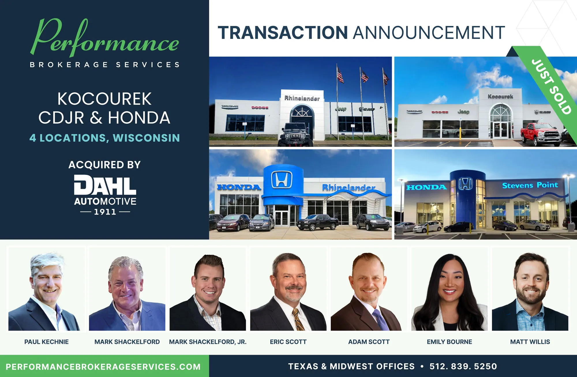 Kocourek Chrysler Dodge Jeep Ram sells to Dahl Automotive with Performance Brokerage