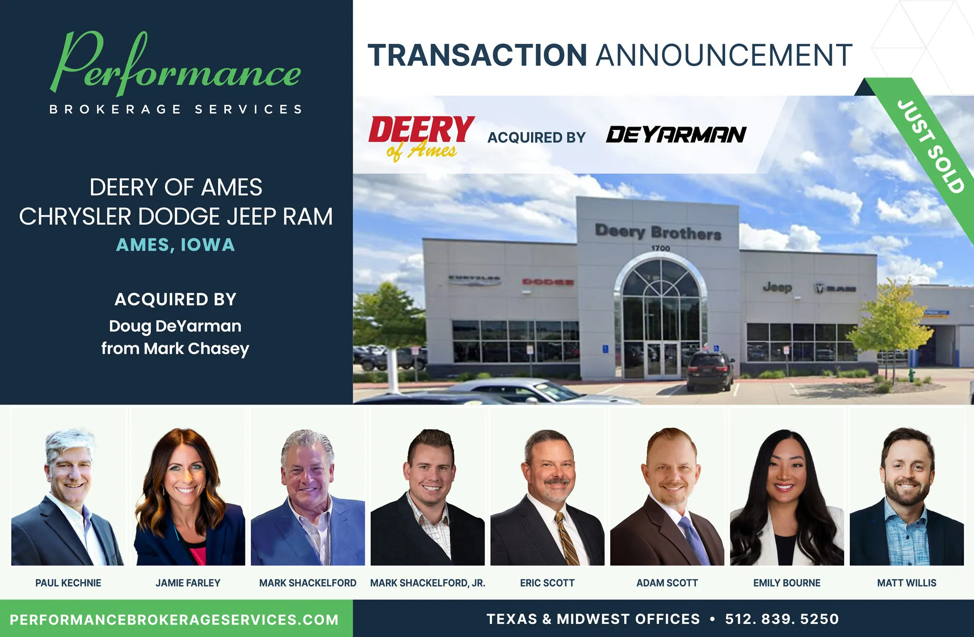 Deery of Ames Chrysler Dodge Jeep Ram sells to Doug DeYarman with Performance Brokerage