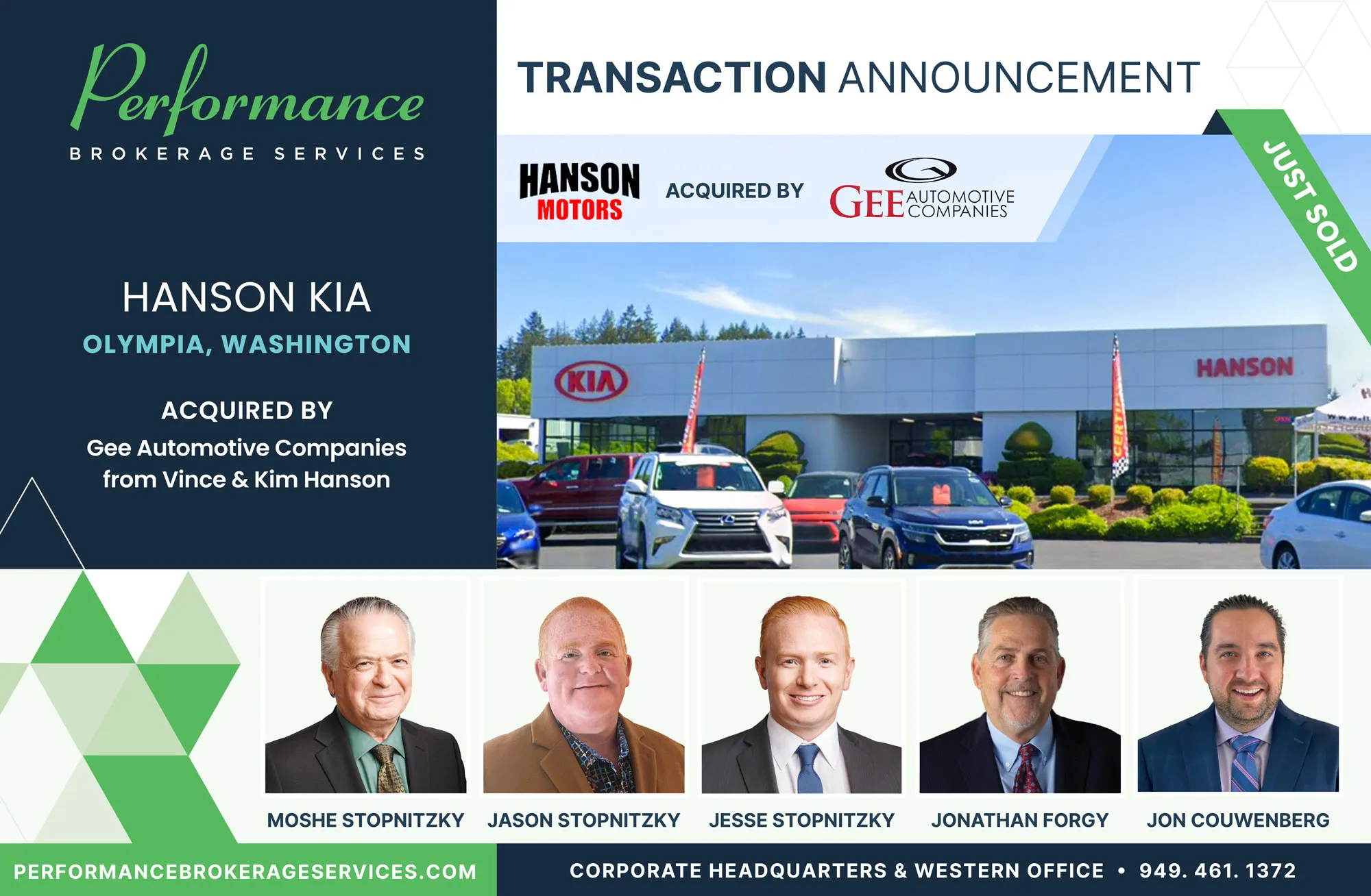 Hanson Kia sells to Gee Automotive Companies with Performance Brokerage