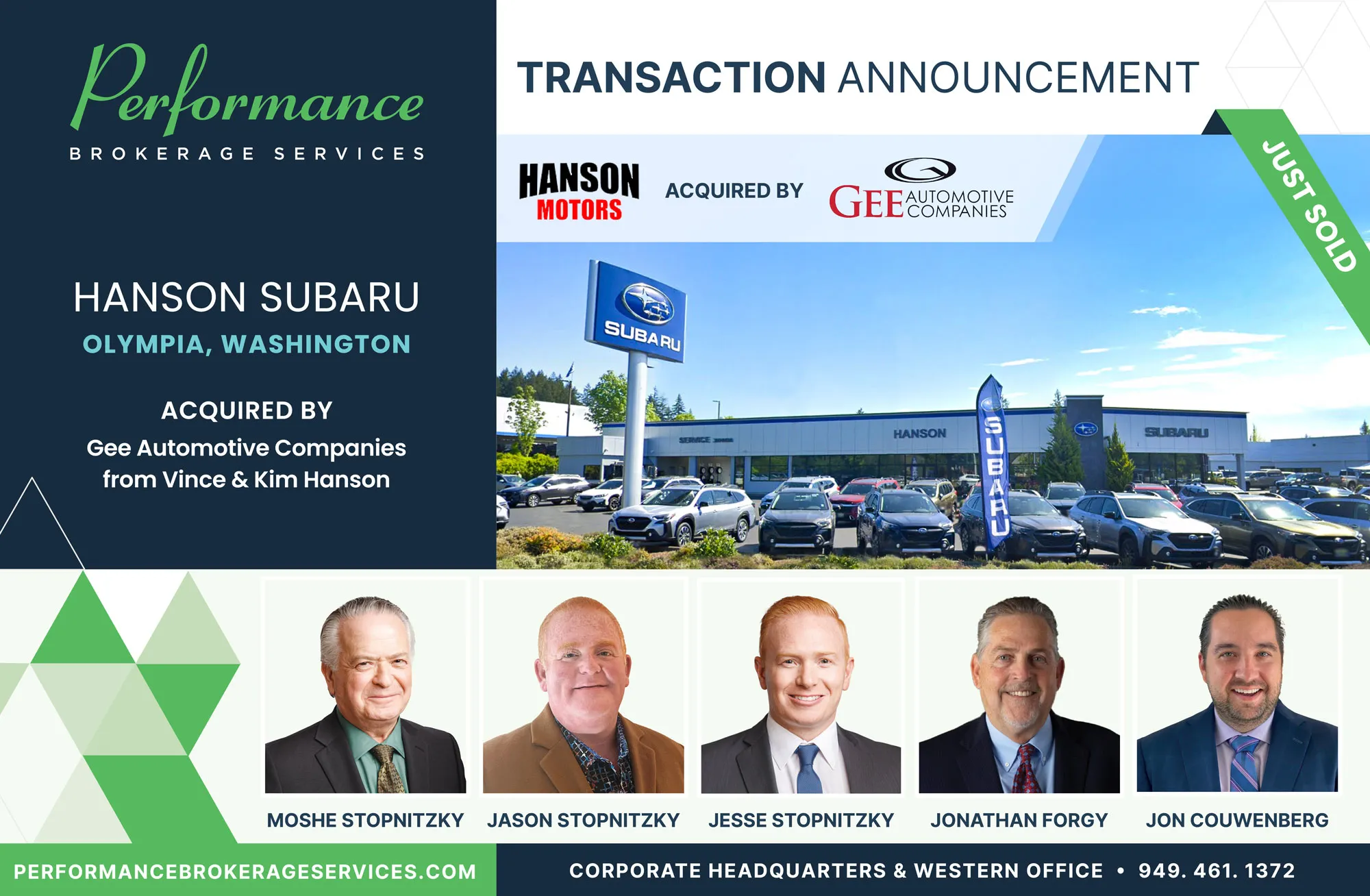 Hanson Subaru sells to Gee Automotive Companies with Performance Brokerage