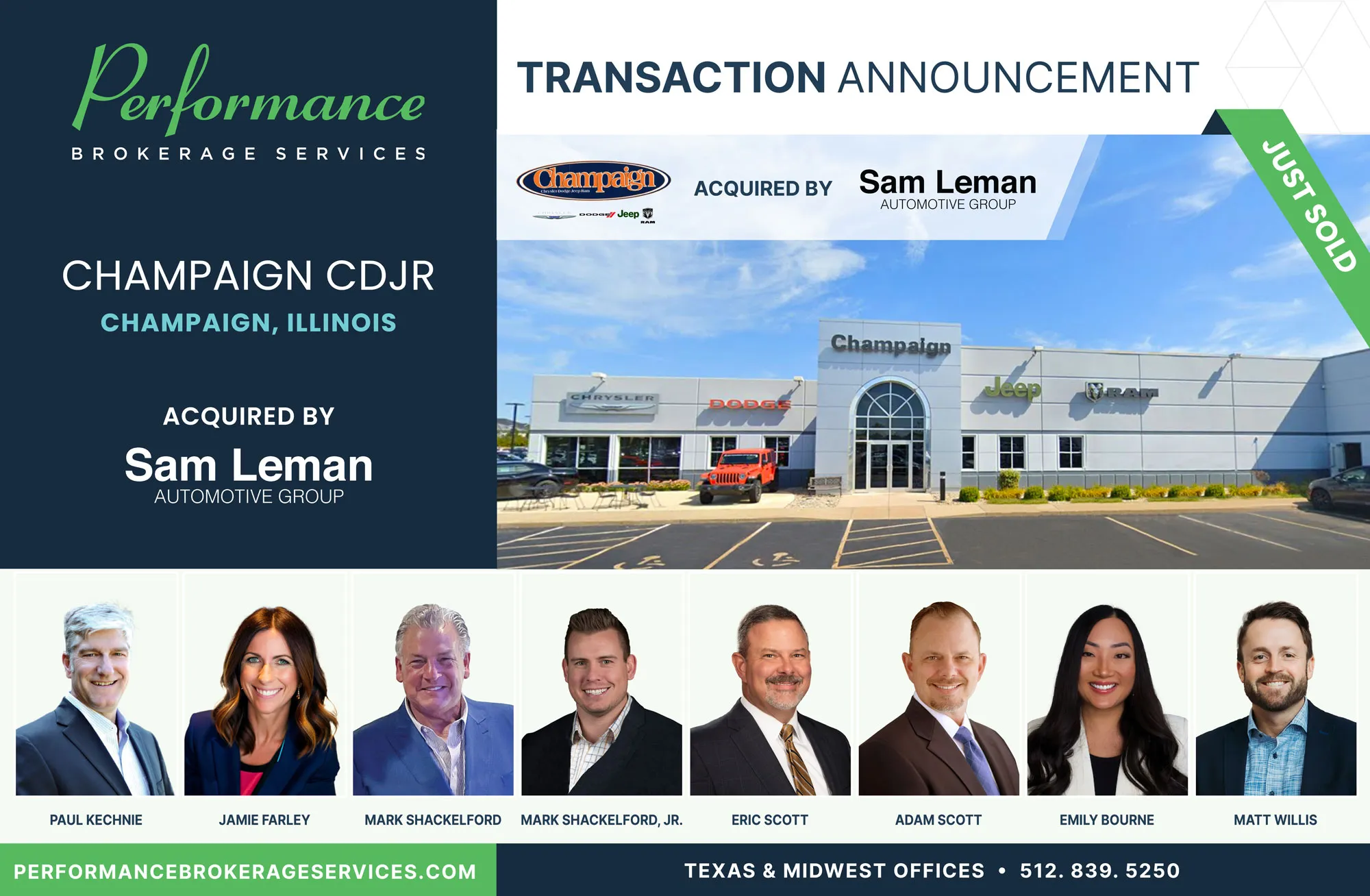 Hendershot Champaign CDJR sells to Sam Leman Automotive Group with Performance Brokerage