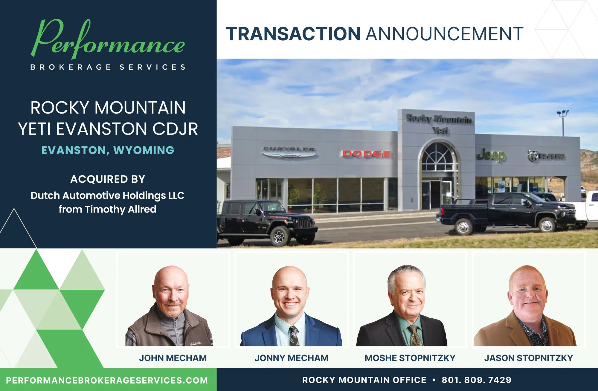 Rocky Mountain Yeti Evanston CDJR sells to Dutch Automotive Holdings LLC with Performance Brokerage