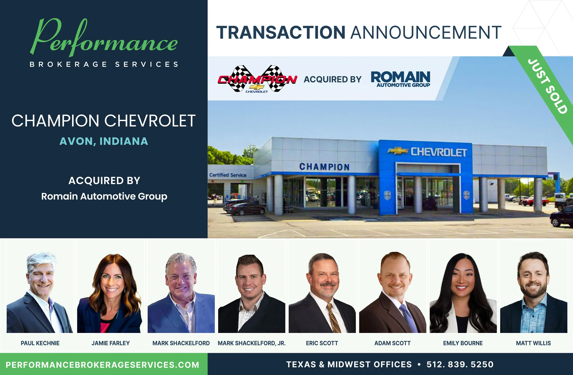 Champion Chevrolet sells to Ron Romain & Amy Romain Barron of Romain Automotive Group with Performance Brokerage