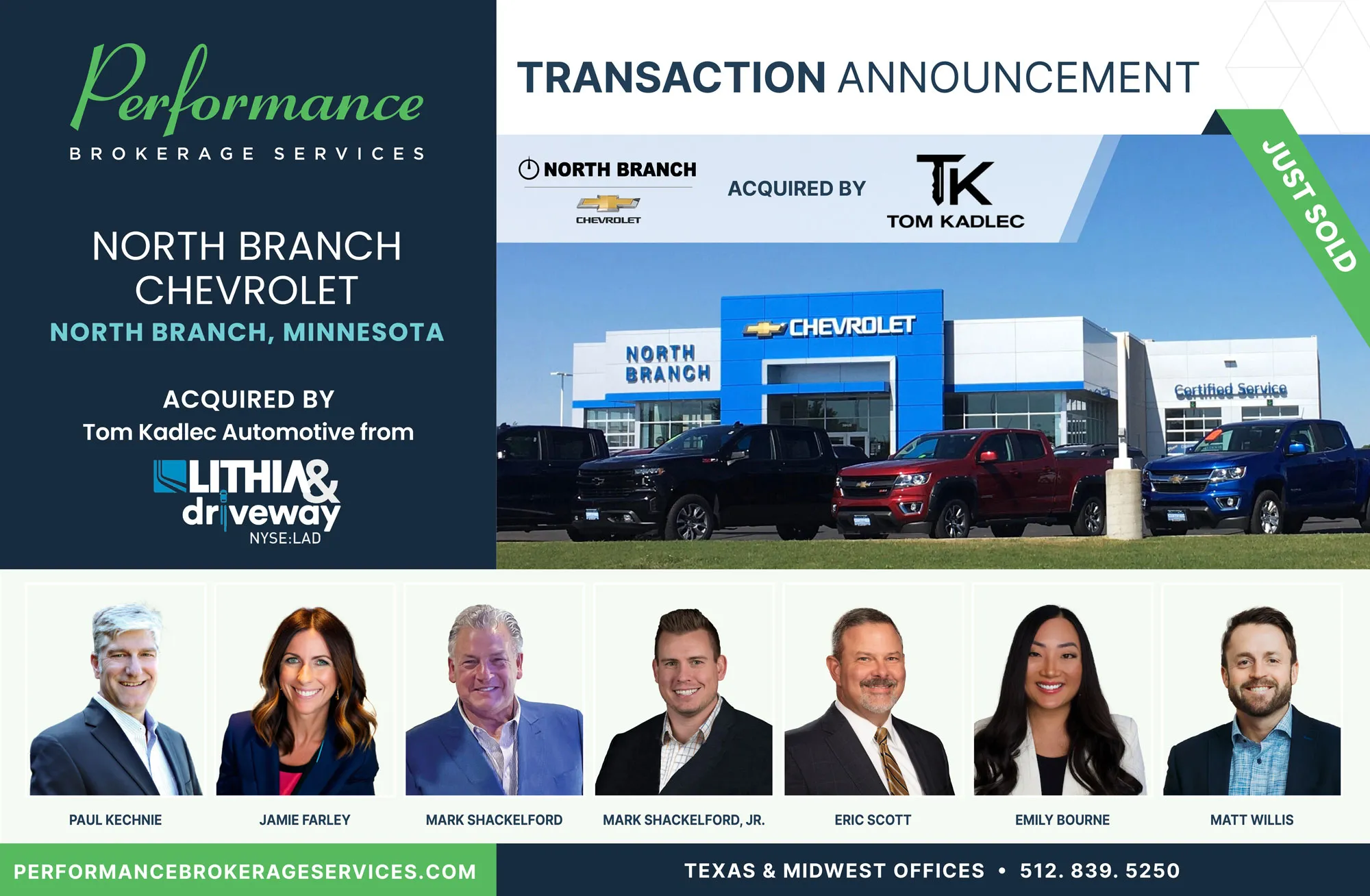 North Branch Chevrolet sells to Tom Kadlec Automotive with Performance Brokerage