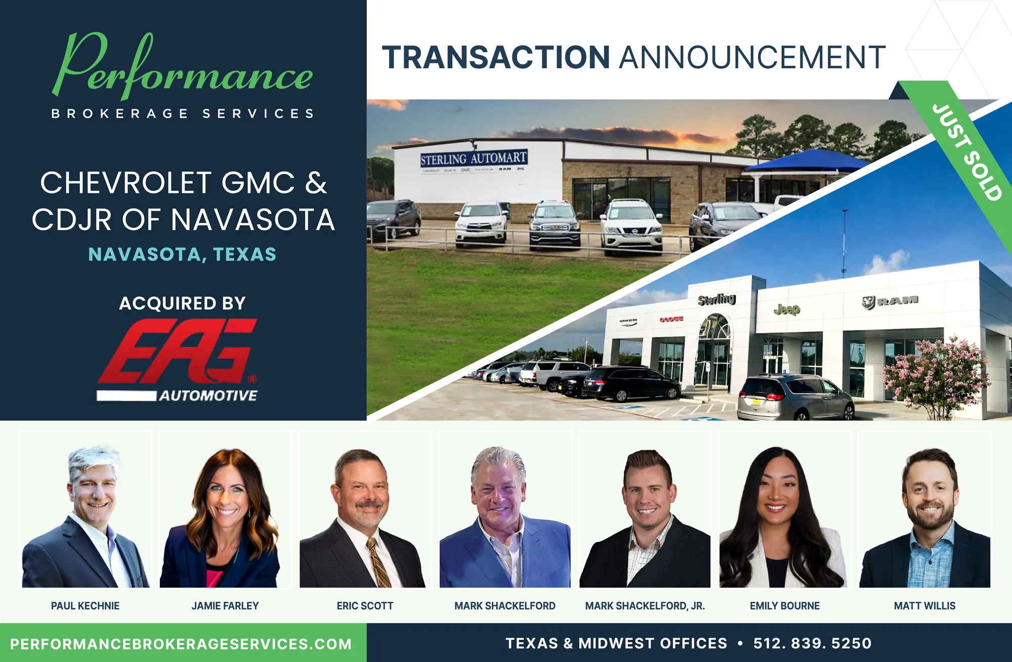 Chevrolet GMC &CDJR of Navasota sell to EAG Automotive with Performance Brokerage