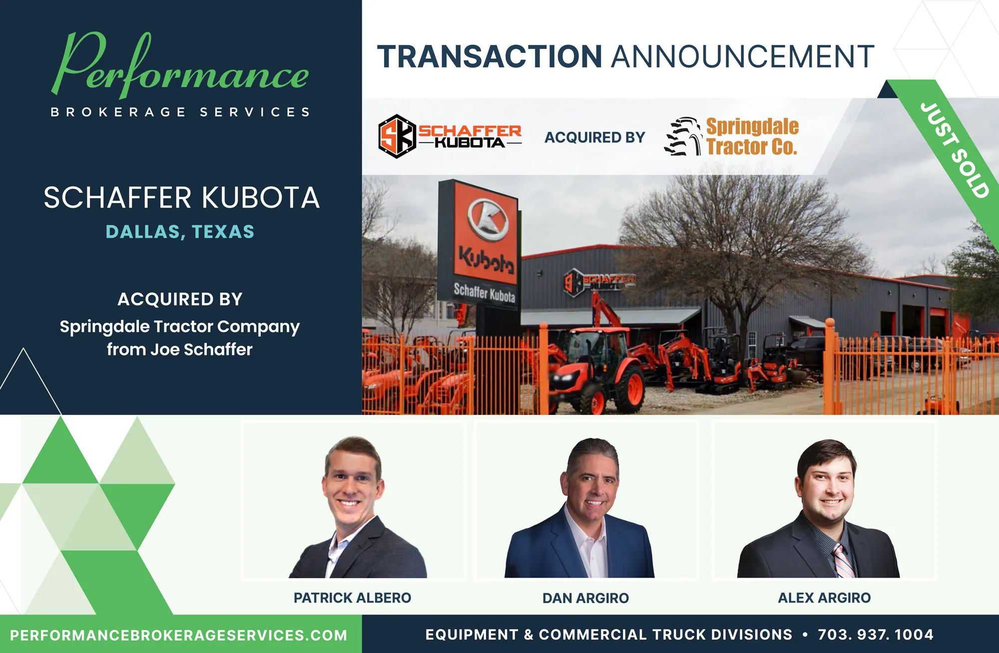 Schaffer Kubota sells to Springdale Tractor Company with Performance Brokerage.